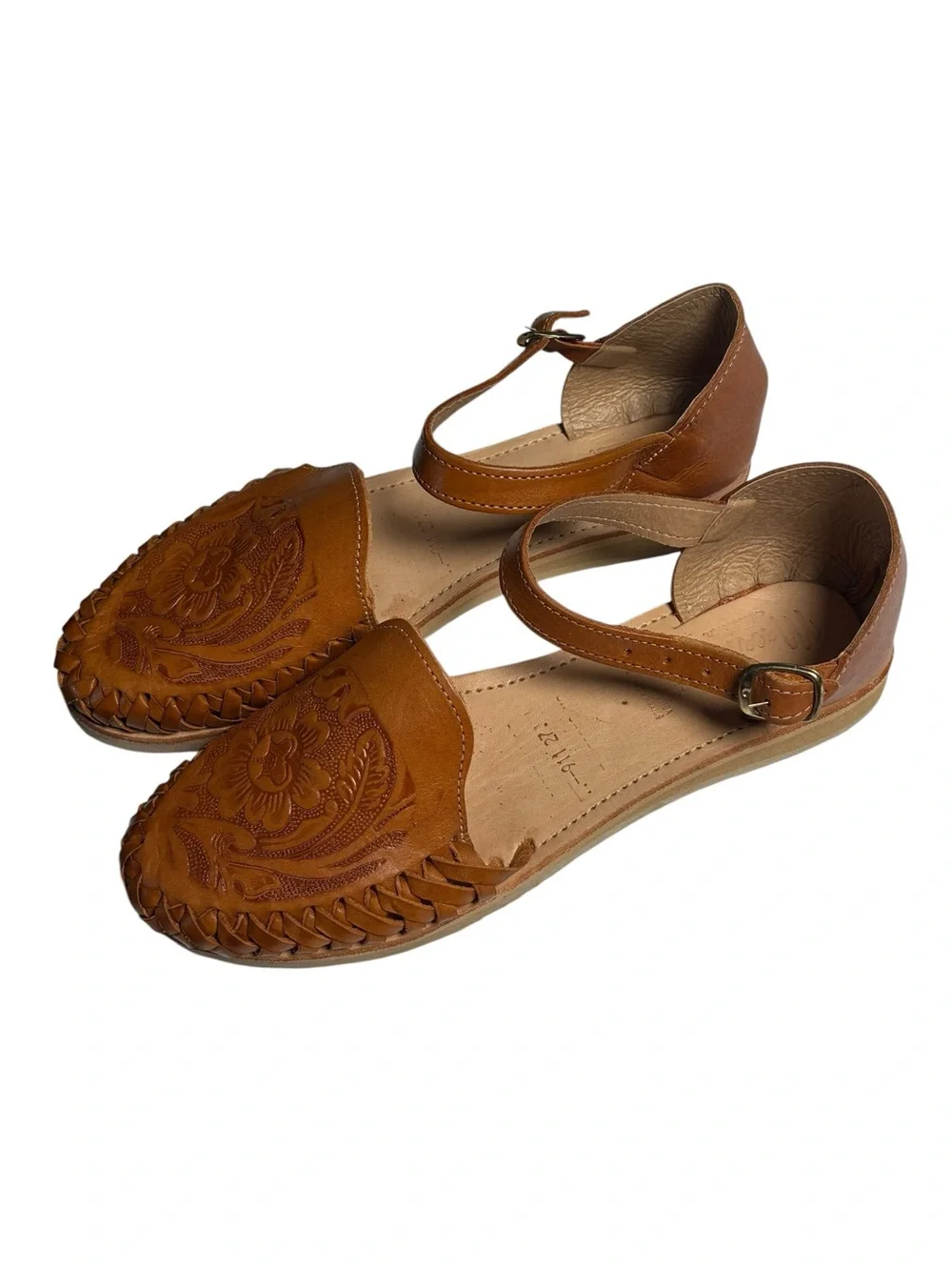 Macarena Mexican Hand-Tooled Floral Leather Huaraches Ankle Strap Sandals 27